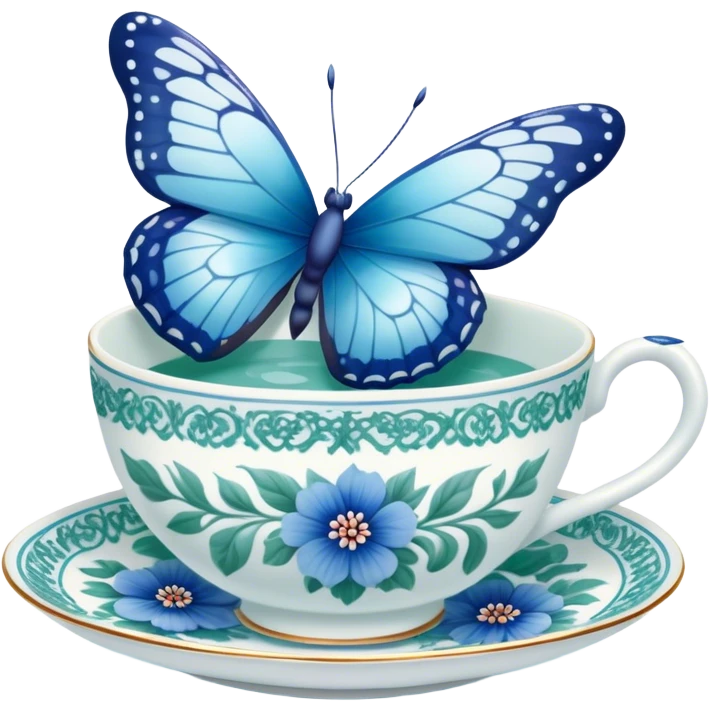 A delicate butterfly with pastel blue wings, resting on the edge of a green  porcelain teacup adorned with intricate blue floral patterns. emoji