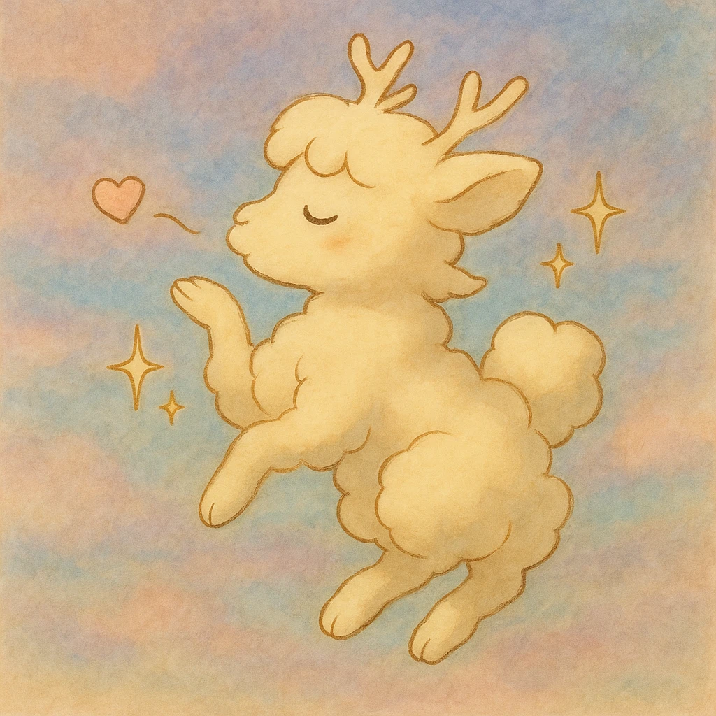 Add a soft pastel background behind the whimsical cream yellow Ghibli-style cloud doe blowing a kiss, surrounded by sparkles. emoji