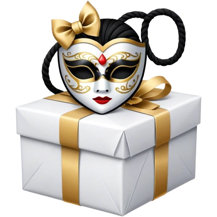 Gift wrapped with black rope and Tiny venetian mask emoji