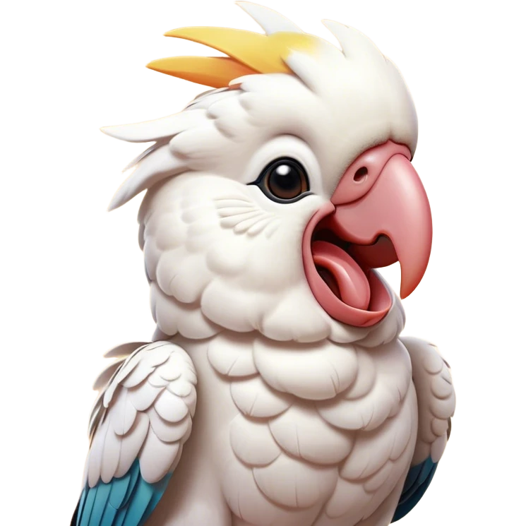 Cinematic Cute Yawning Cockatoo Portrait Emoji, Head tilted slightly with a dramatic, wide-open yawn, showcasing a plump, feathered body with a softly drooping crest and sleepy, half-closed eyes, Simplified yet irresistibly adorable features, highly detailed, glowing with a soft, cozy tropical glow, high shine, relaxed yet expressive, stylized with a dash of whimsical avian charm, soft glowing outline, capturing the essence of a drowsy yet affectionate cockatoo that appears ready to stretch out and yawn its way off the screen! emoji