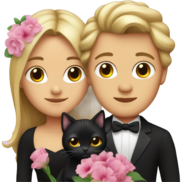Dark blonde woman with long hair hugging a black tuxedo cat with flowers emoji