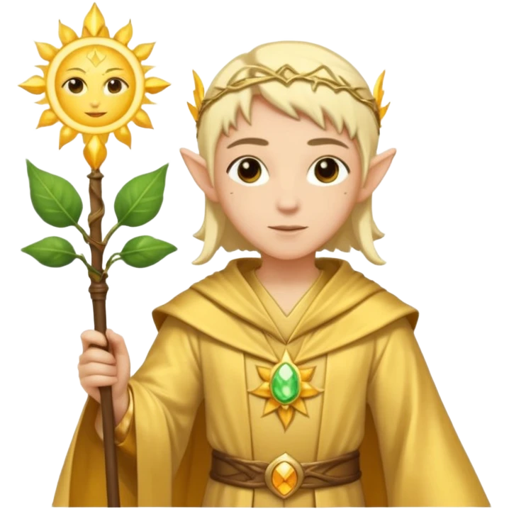 {
      "type": "human",
      "look": "light elf healer, golden robe, staff with leaf and sun motif",
      "description": "a light elf healer wearing a golden robe and holding a staff with leaf and sun symbols"
    } emoji