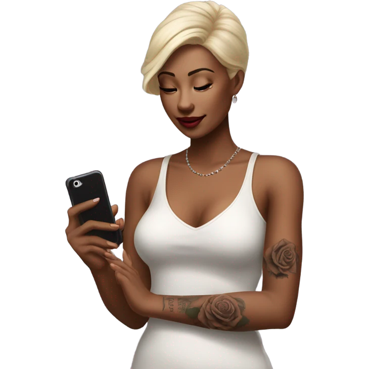 Hyper Realistic beautiful woman model with a small rose tattoo talking on a phone  emoji