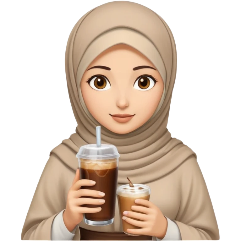 Turkish beautiful finish Konya girl eyes with beige hijab islamic dress and had on her hand Rose Cold brew coffee   emoji