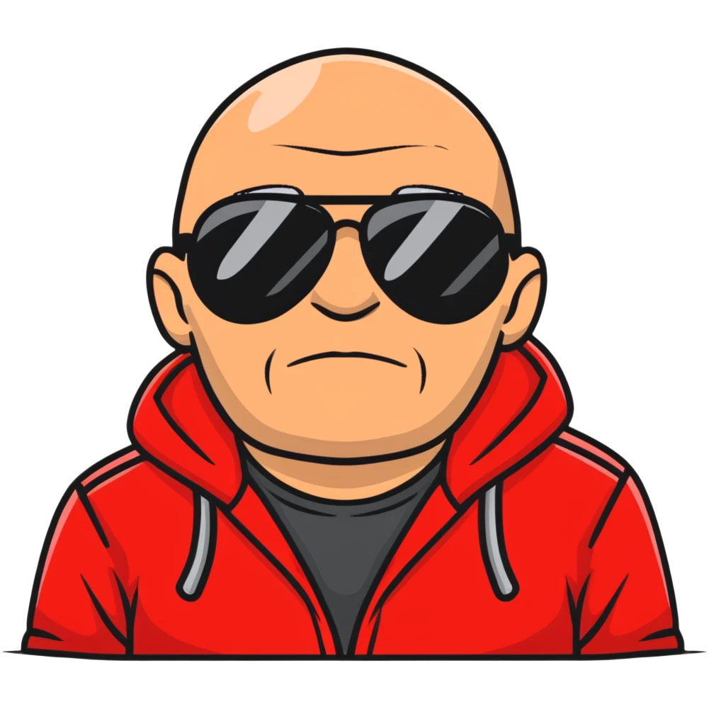 middle-aged 50-year-old man with slight wrinkles, aviator sunglasses, wearing a red hoodie emoji