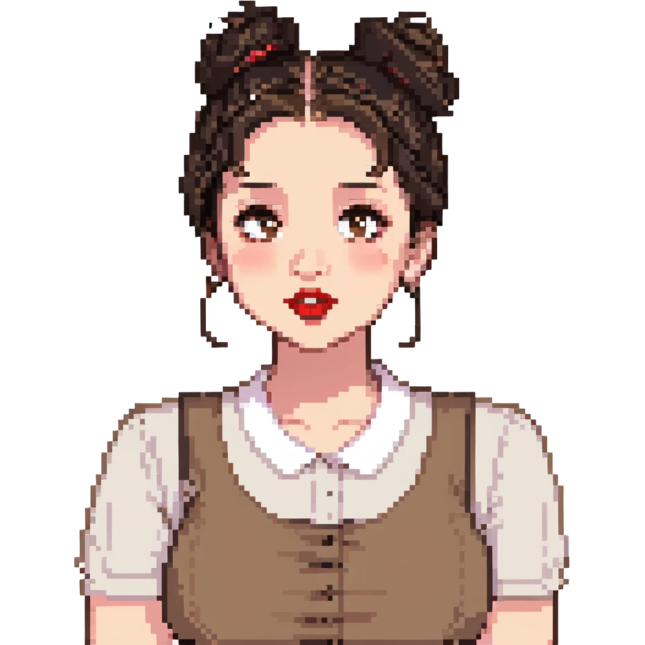 light brown girl, slightly chubby, messy black hair in a bun, red lipstick, light brown eyes, asking a question emoji