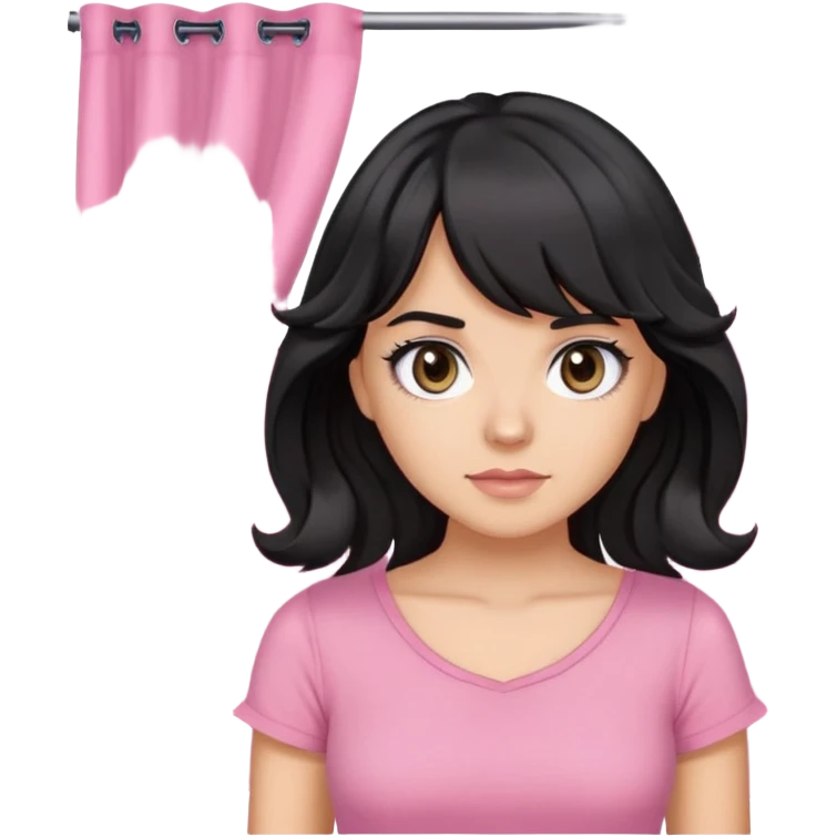 White girl with chest length black wavy hair with curtain bangs, gray eyes, wearing a pink top emoji