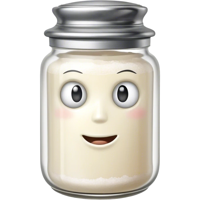A mischievous anthropomorphic salt jar with transparent glass body and metal lid emoji
