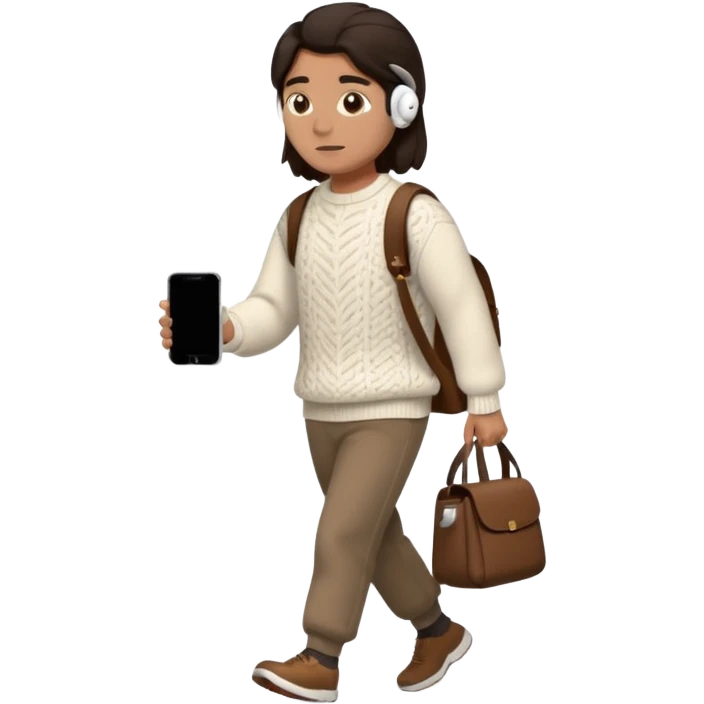 걷고 있는 사람
옷은 겨울에 어울리는 니트와 하의를 입었고 숄더백을 매었다.
머리카락 색깔은 어두운 갈색, 풀은 긴머리를 하고 있다 
귀에는 애플의 에어팟이 착용되어 있다 emoji