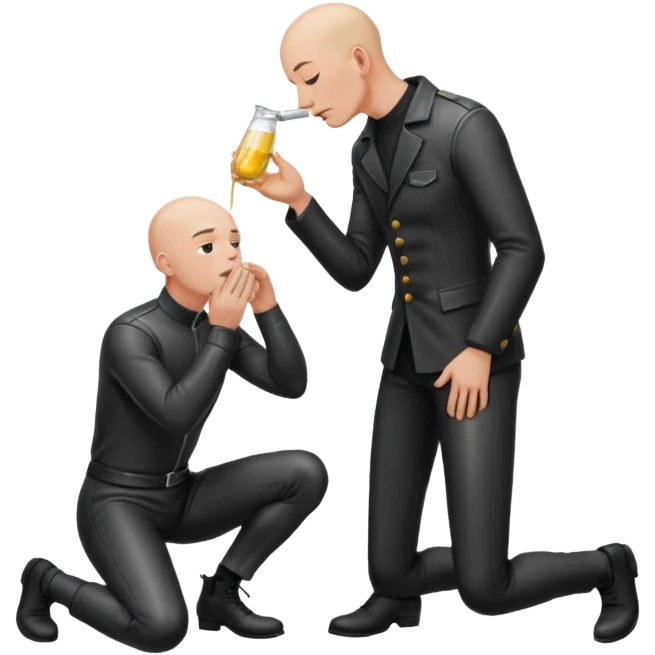 Bald man on his knees submissive to tall, standing man in leather, pouring piss down his throat emoji