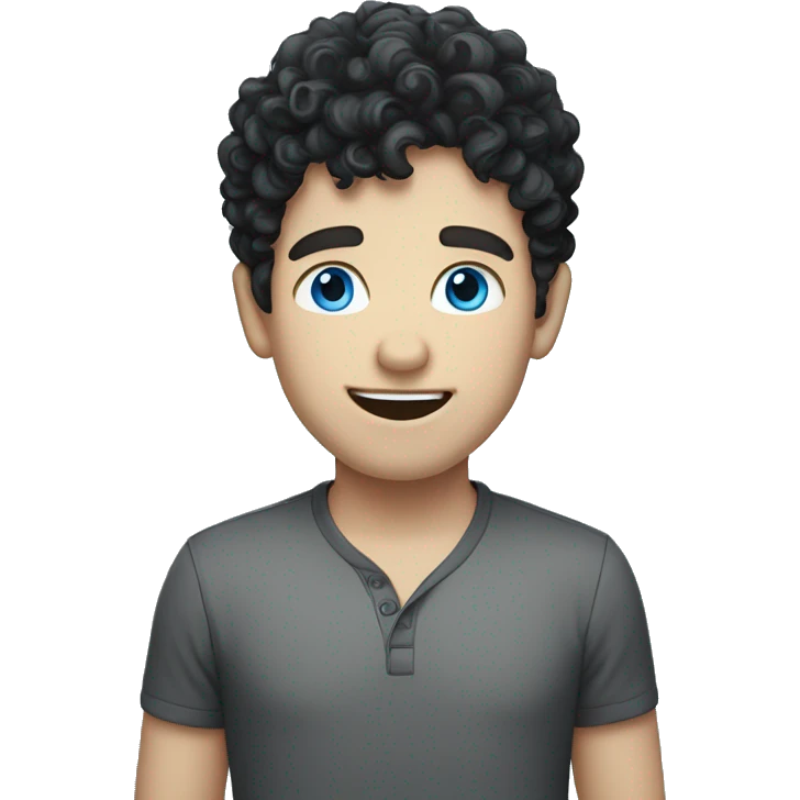 a curly white boy , black hair , blue eyes and big mouth emoji