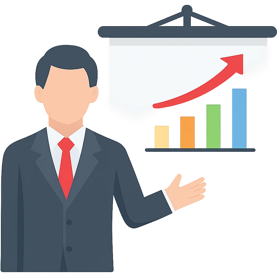 professional person standing next to projector screen showing data, office presentation emoji