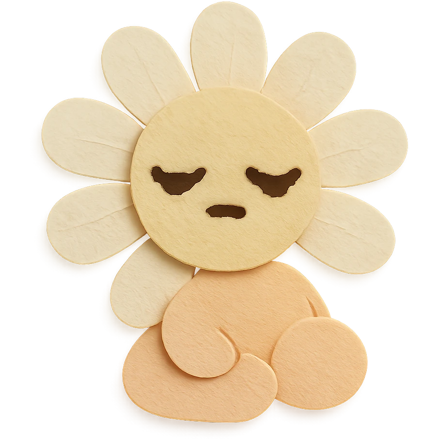 creamy white daisy flower with sleepy half-lidded eyes, sitting down with a blank stare, extremely soft round pastel character, paper-craft style emoji