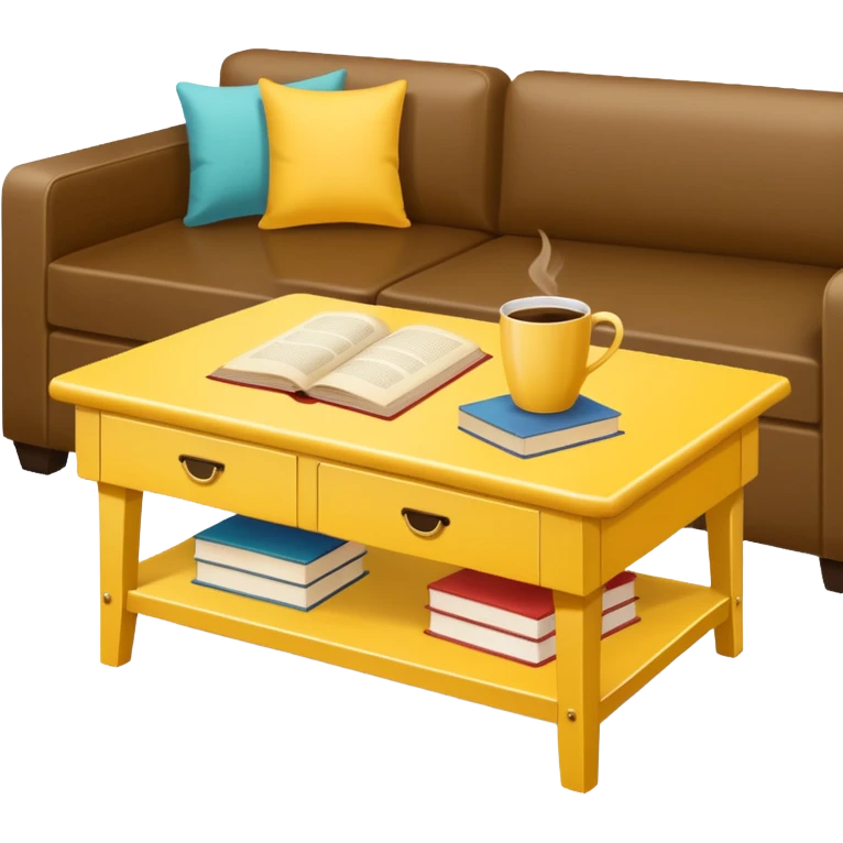 yellow coffe table, coffee on top, books under table
 emoji