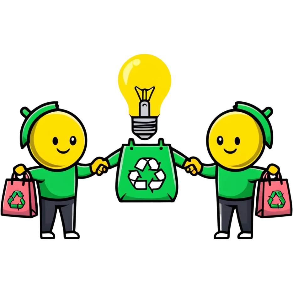 a lightbulb and a battery holding hands, each with recycling bags, walking to recycle emoji