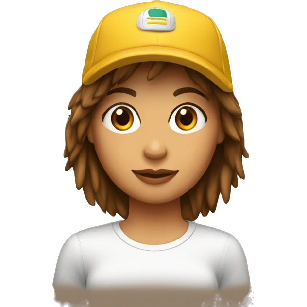 Chica con pelo castaño y flequillo con gorra emoji
