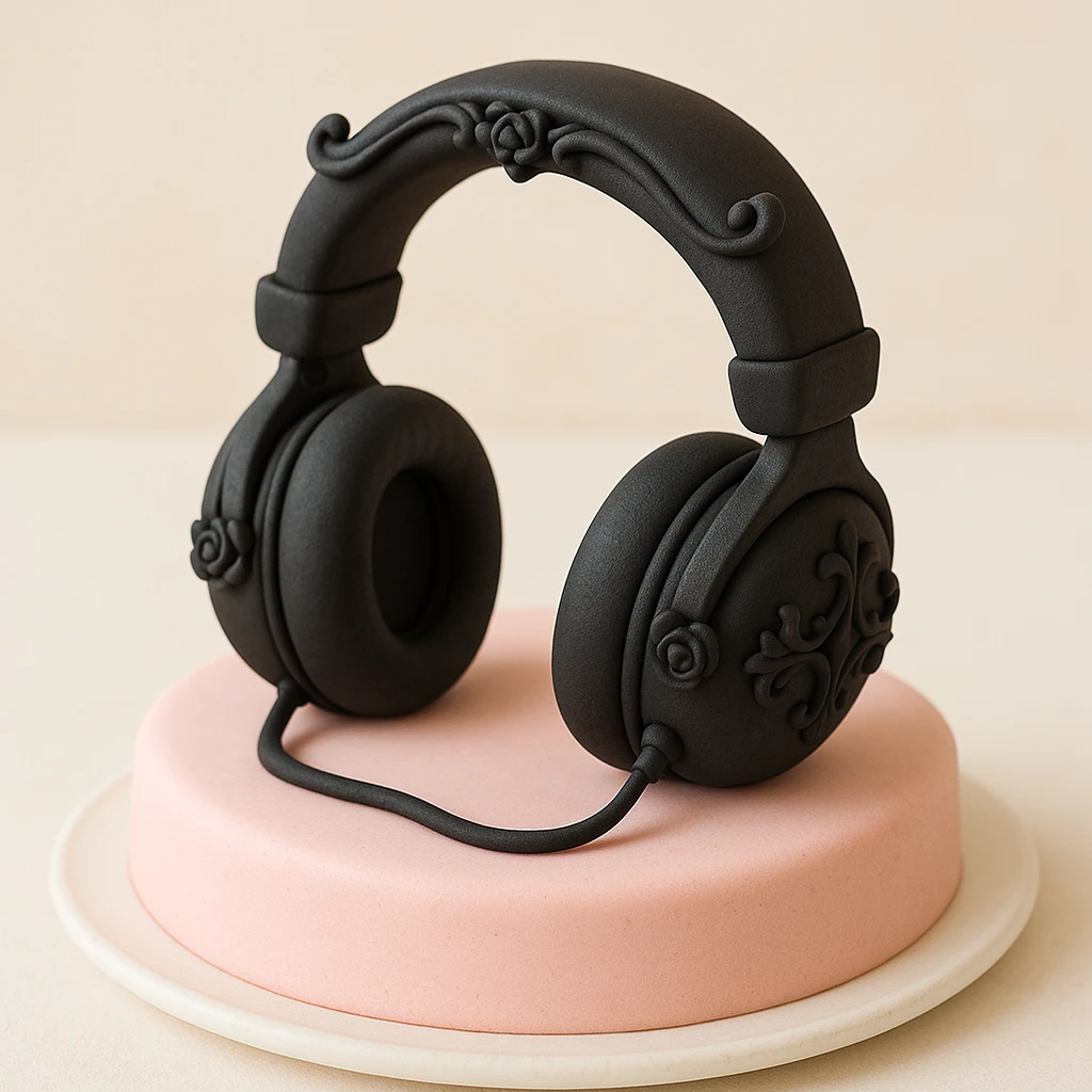 black gothic headphones with sculpted gothic decorations and matte black emoji