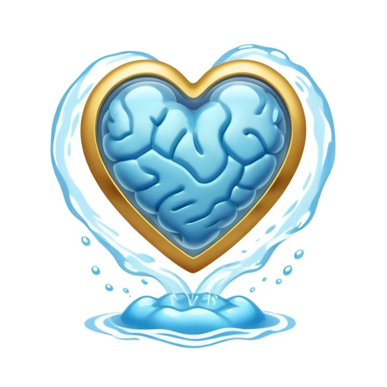 Golden floating capsule wrapped in soft blue liquid waves, slowly spinning around a translucent heart and a shining brain, with flashes of calmness that expand like waves in water emoji
