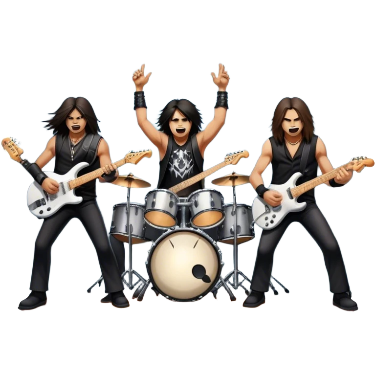 Icon for Heavy Metal Music: 4 men band on stage with electric guitars, drums and intense lighting. 4 Musicians headbanging, surrounded by energy and stage effects, capturing the power and intensity of a metal concert. Transparent background. emoji