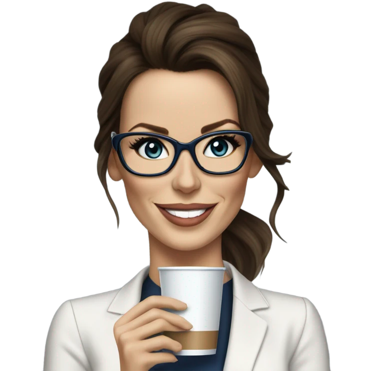 Hyper Realistic Kate Beckinsale dark blue eyes wearing glasses in a business dress drinking coffee happy  emoji
