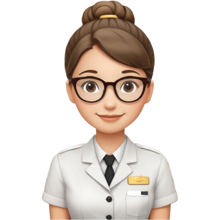 Young girl, bun hair, wearing uniform of reception with hotel name badge, glasses, stand behind the desk

 emoji