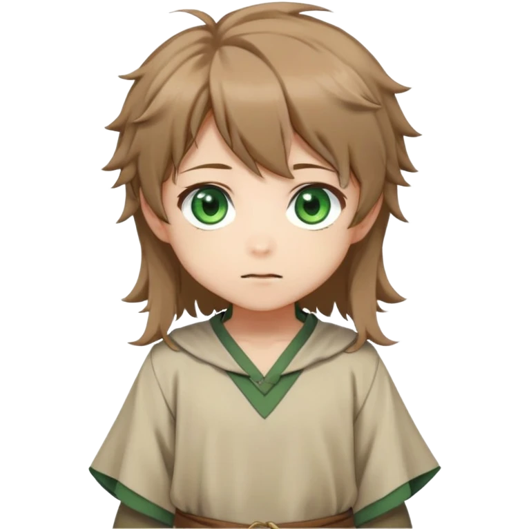 Young Rudeus Greyrat chibi, big green eyes, round face, messy light brown hair, wearing a tunic, cute and curious anime style emoji