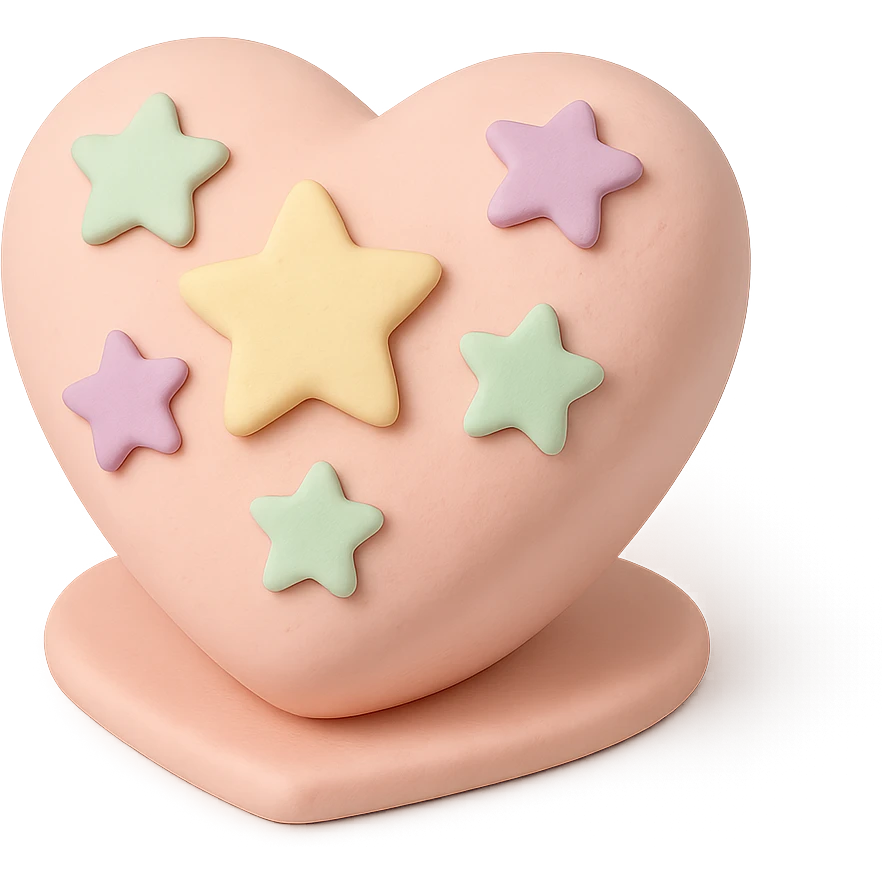 heart-shaped fondant cake with pastel fondant stars emoji