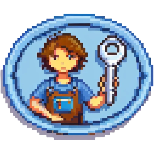 Oval badge shape with simple pixel art technician holding car tool key, bright colors emoji