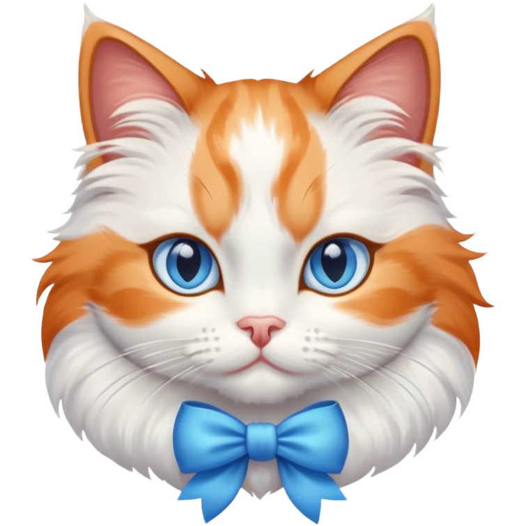 White and orange cat with blue eyes and a bow emoji