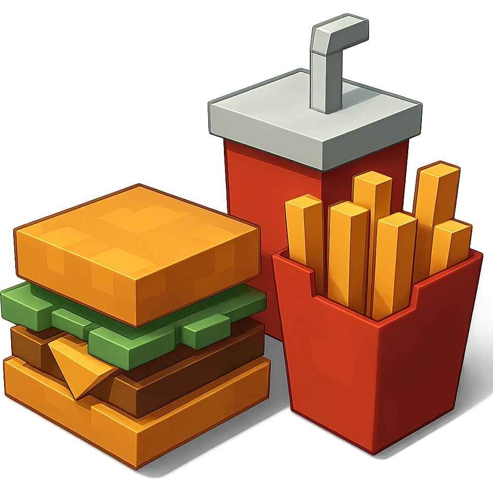 A burger and fries combo meal with drink, clean geometric 3D blocks style emoji