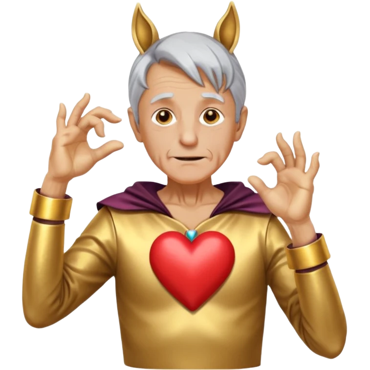 An elderly man with golden skin, his body shining like polished metal, wearing a horse cosplay costume with horse ears and a tail. He is making a heart shape with his hands and blushing slightly, showing a shy and embarrassed expression. emoji
