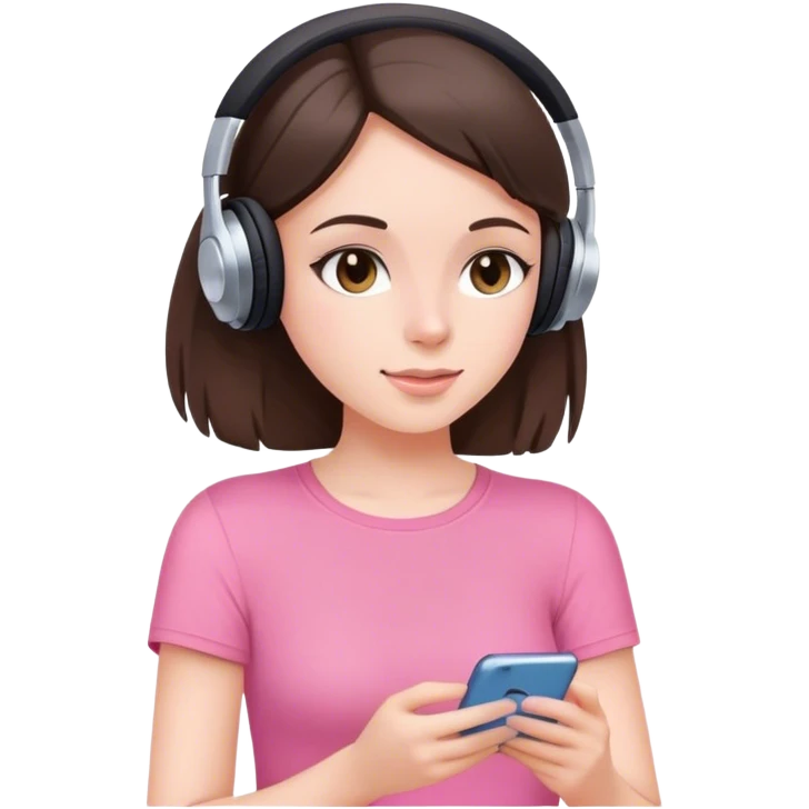 White brunette girl listening to music, with pink top emoji