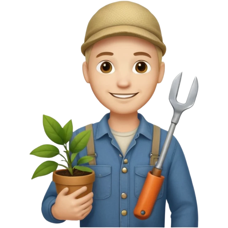 Adult male, light skin, friendly smile, casual farm-style clothes, relaxed posture, holding a plant or small tool, approachable, completely unique from other male roles emoji