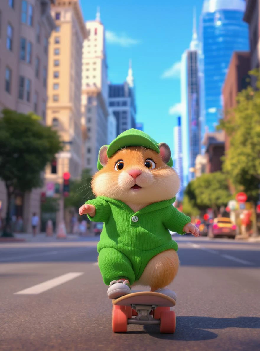 Disney style Cinematic still scane, Low angle shot, hamster dress in green outfit, hamster ride on skateboard, san francisno downtown with city lanscape, blue clean sky, captured by ARRI Alexa XT, soft cinematic lightning, back light, inspired by ToyStory 4 emoji