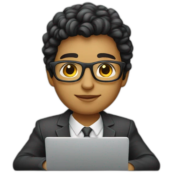 young portuguese-american cool designer working on laptop no glasses wearing teacher attire emoji