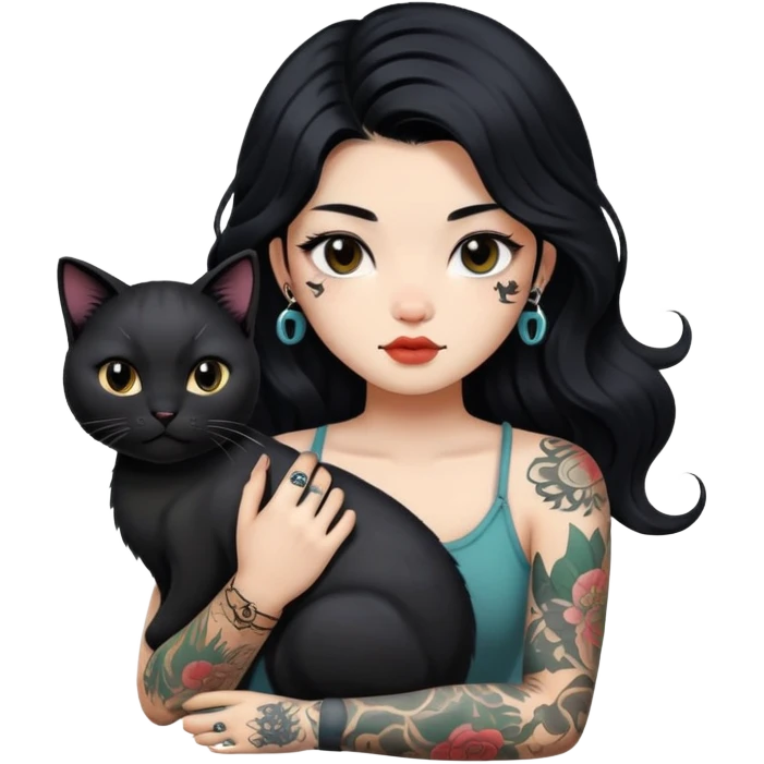 a Chinese girl with long black  Big Wave hair and tattoos and a black round faced cat emoji