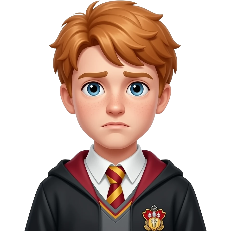 wizard young man, 18-19 years old, ginger hair, light freckles, serious slightly worried expression, wearing school robe and tie, gold and red colors, head-and-shoulders portrait, centered, 3D glossy emoji style, clean background emoji