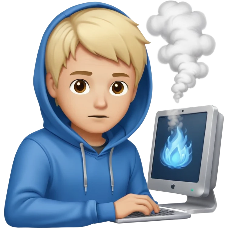 Typing fast ,Blond man with brown eyes blue hoodie,coding, smoke coming from computer, cartoon style emoji