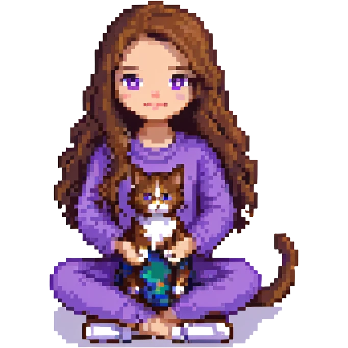 girl with long wavy brown hair and brown eyes wearing purple clothes sitting with a three-color cat pixel art emoji