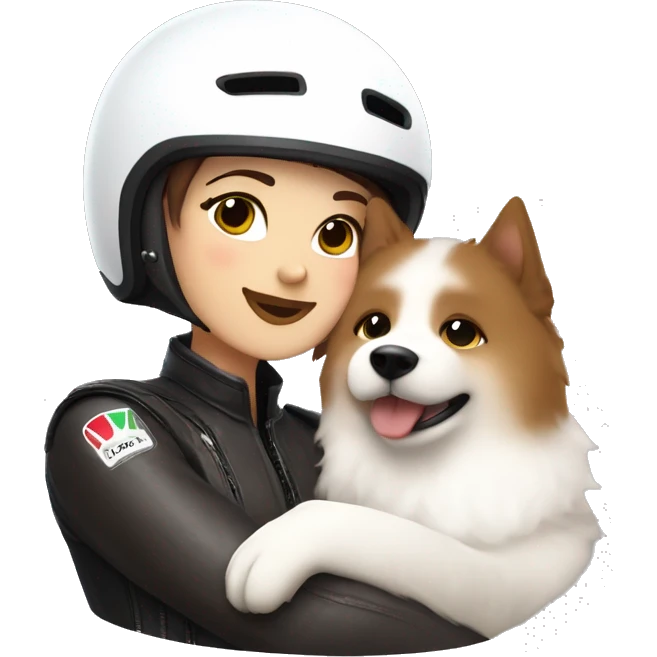 Girl biker white skin and brown short hair with a agv helmet hugging a Samoyed  emoji