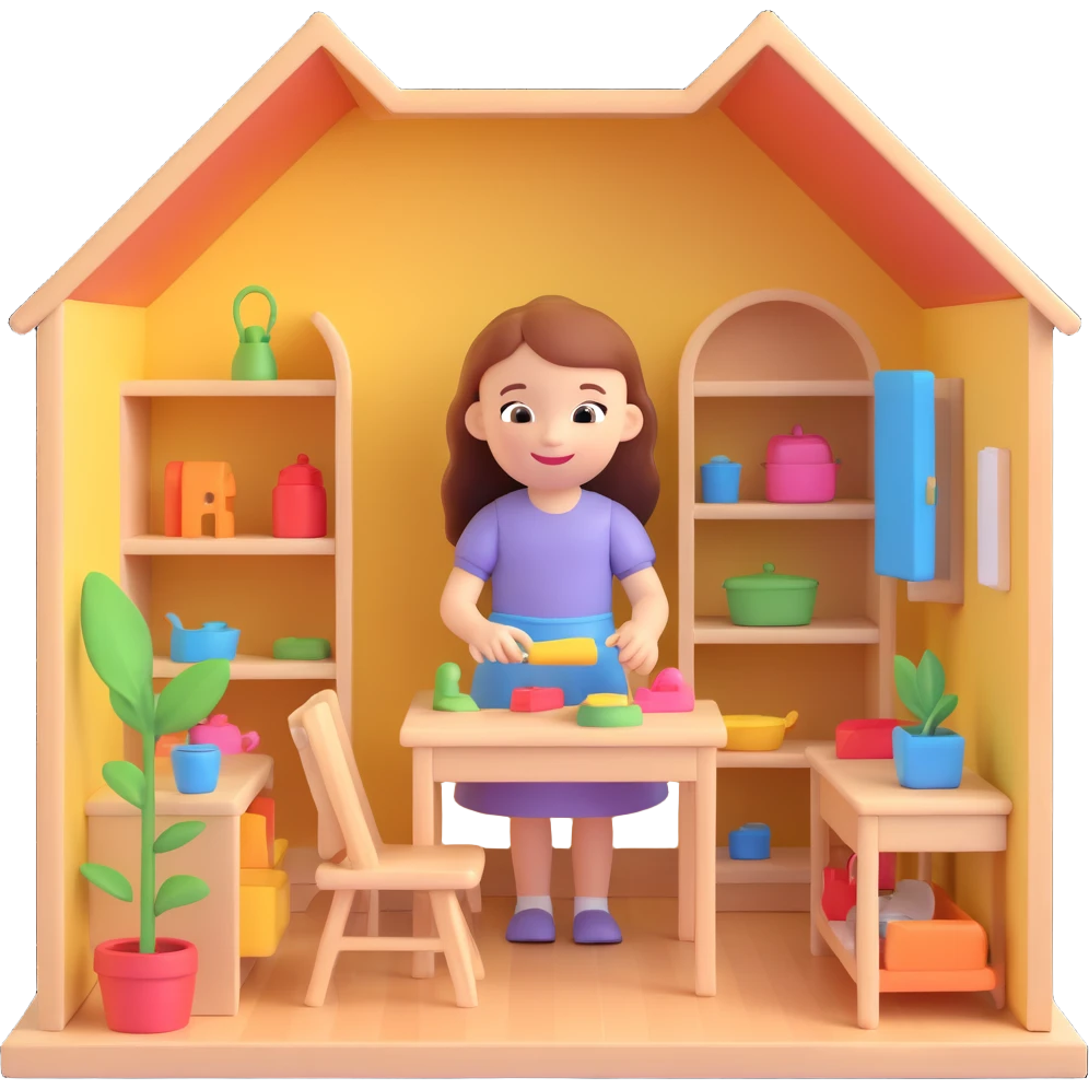 smiling girl arranging furniture in doll house emoji