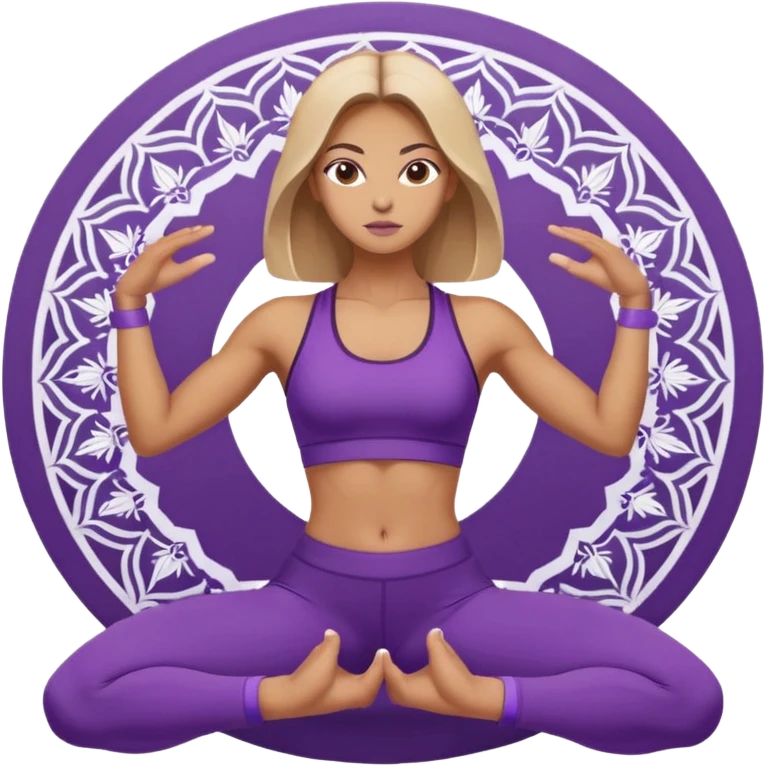 A woman in purple activewear holding warrior two pose, centered with a white mandala pattern behind her. emoji