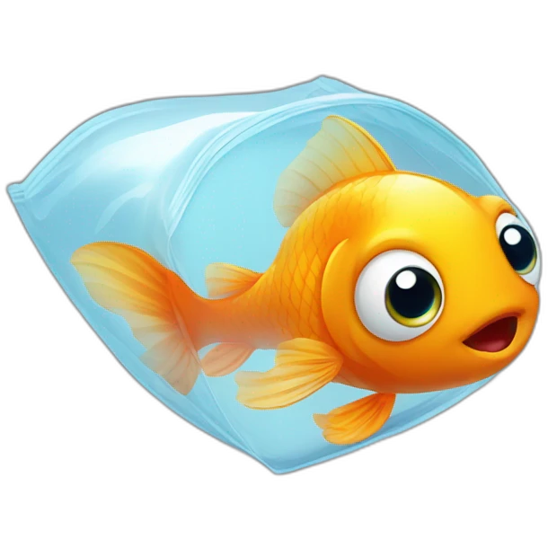 small cute happy gold fish with big eyes in a plastic bag emoji