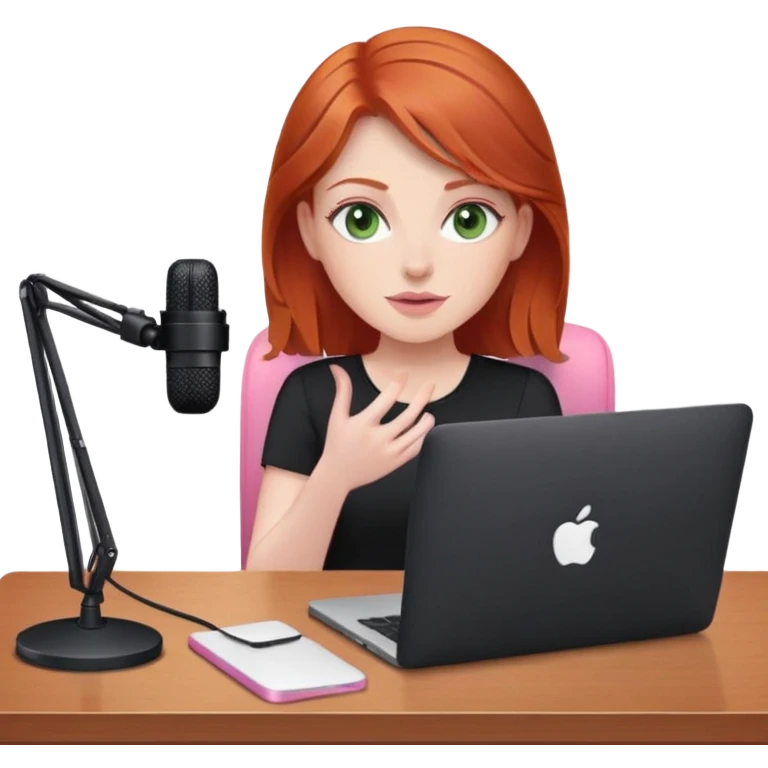 Redhead with green eyes sat at desk with pink MacBook and  podcast microphone black top and pink chair  emoji