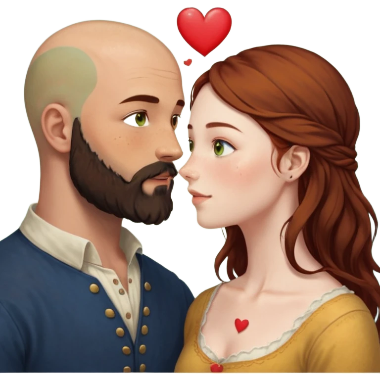 Couple. Bald man with dark brown-black beard. Woman with many small, faded, round freckles, white skin and she has auburn-yellow-brown-caramel-cinnamon dark hair. She has light yellow-brown-green eyes. He have hazel-blue eyes. They look at each other. Many small red hearts around them. emoji
