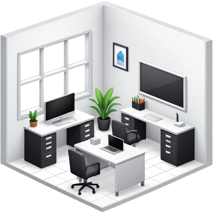 An isometric 3D room with two white walls that meet at the back left and right and a single Window. Black and White Office Room with a single desk emoji