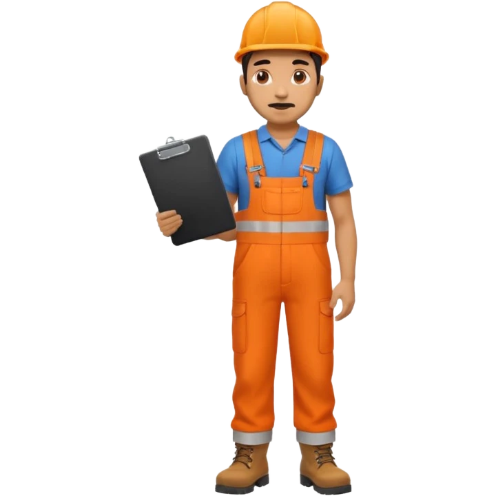 Indian male railway engineer orange overalls, boots holding a clipboard back view emoji