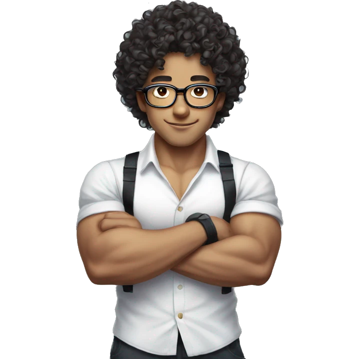 curly hair show biceps asian glasses white shirt braces emoji
