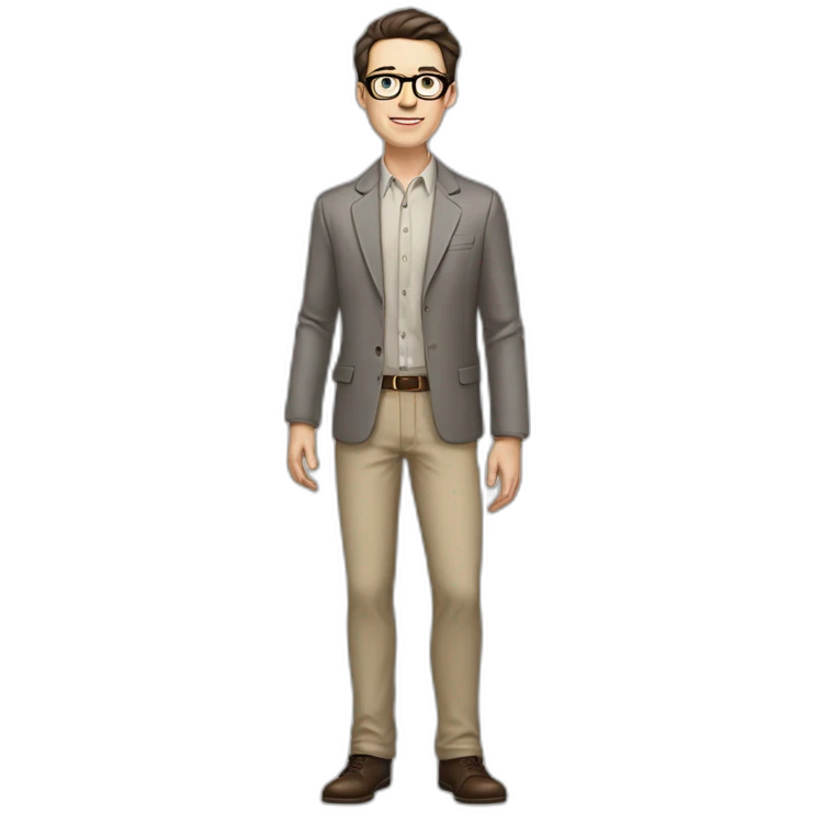 Full height Pale skinned Fit Man With dark brown hair in gray classic jacket, beige office shirt, Brown pants and vintage glasses. Thrumbs of his palms upwards emoji
