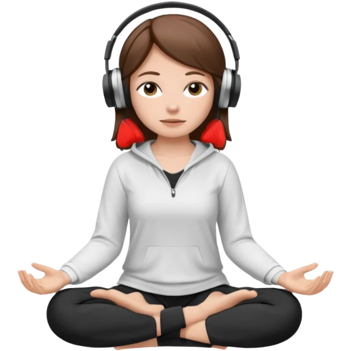 White girl, brown hair meditating with headphones on and black and white clothes emoji
